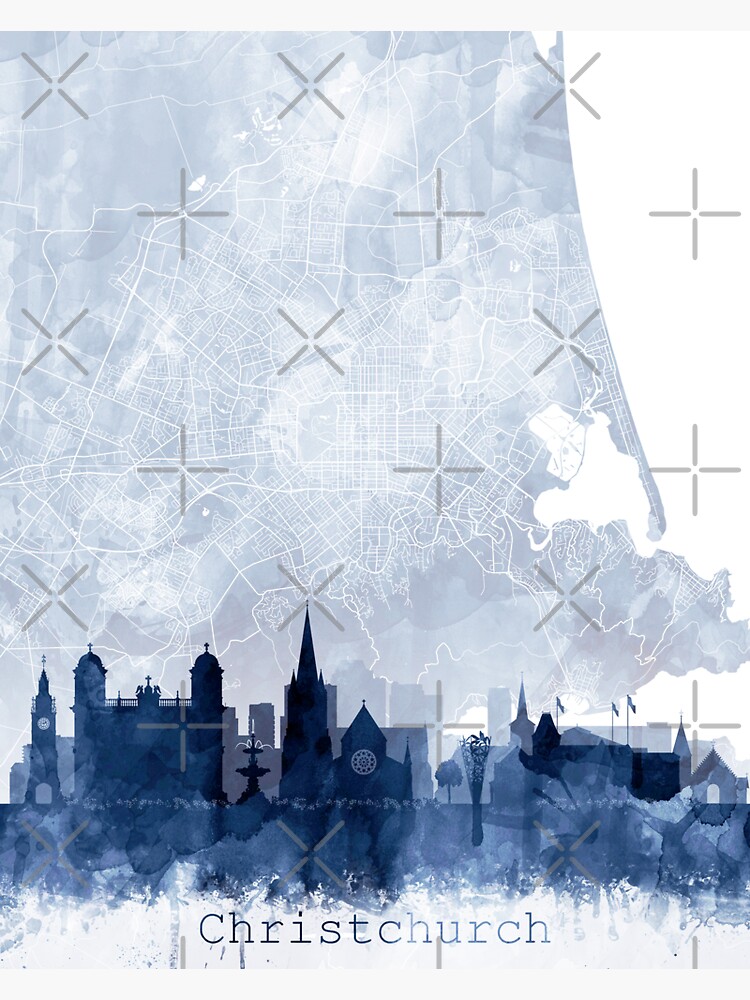 "Christchurch Skyline & Map Watercolor Navy Blue, Print by Zouzounio