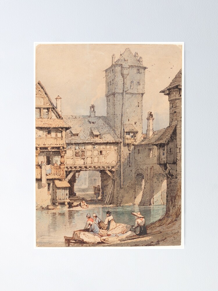 Thumbnail 2 of 3, Poster, Samuel Prout Laundresses before the Wasserturm, Nuremberg painting Europe Medieval Town designed and sold by bonumagit.
