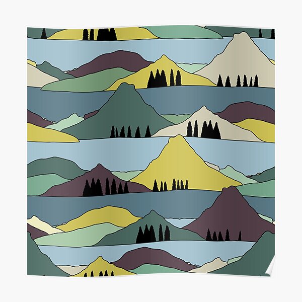 Mountain and Lakes, Evergreen Trees Bold Colorful Print Poster