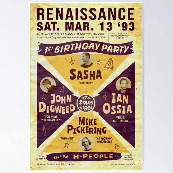 Item preview, Renacimiento Nottingham 1er cumpleaños 1993 Sasha John Digweed Mike Pickering Ian Ossia designed and sold by Lick-Design.