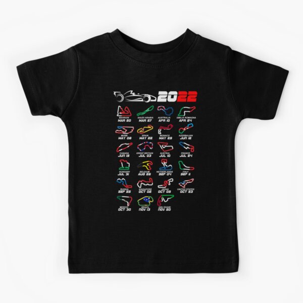 Calendar Formula race cars 2022 circuits colors v2 Kids T-Shirt