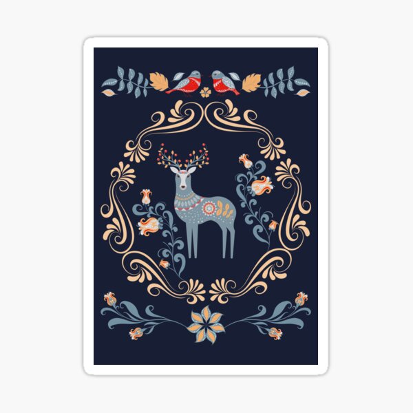 Item preview, Scandinavian Folk Art design with a deer and birds designed and sold by creativecfi.