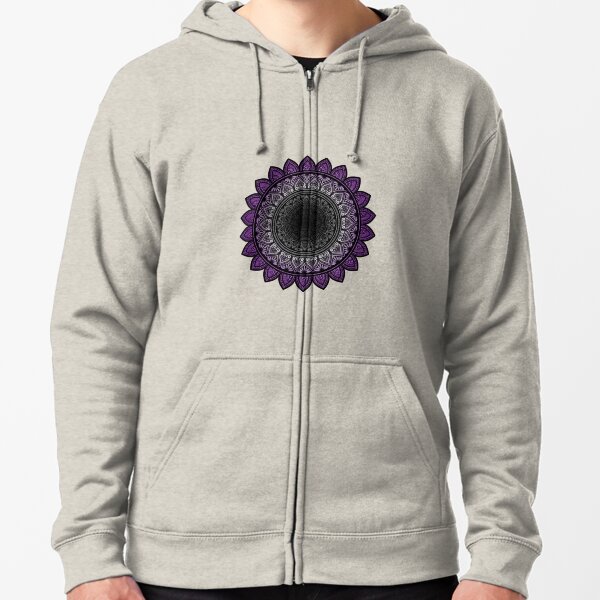 Mandala negra, gris, blanca y morada Sudadera con capucha y cremallera