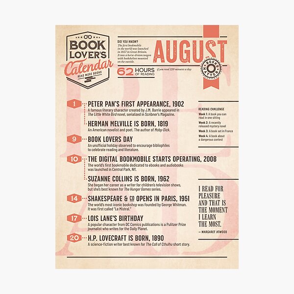 Literary Calendar – August Photographic Print
