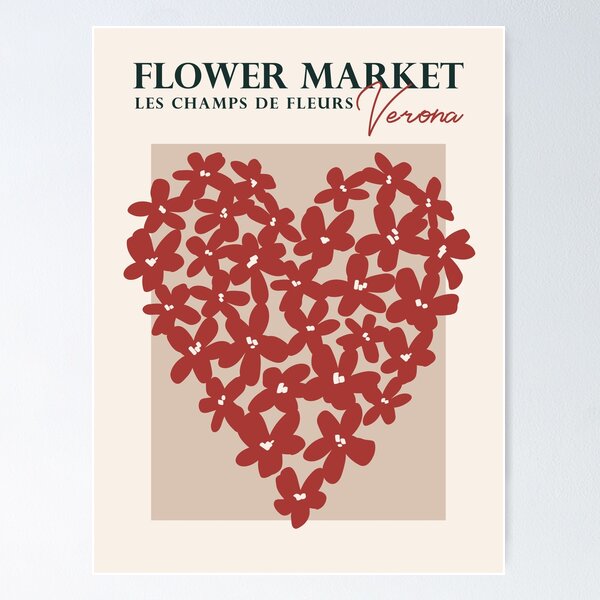 Flower market, Verona, Valentine's Day decor, Heart art, Retro print, Neutral art, Aesthetic poster, Romantic Poster