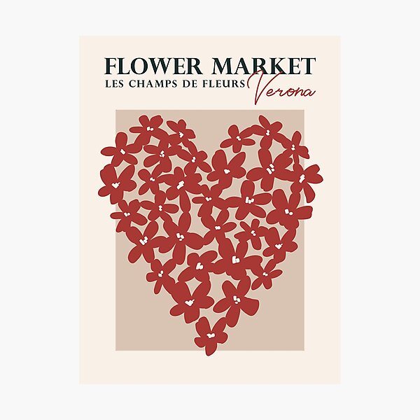 Flower market, Verona, Valentine's Day decor, Heart art, Retro print, Neutral art, Aesthetic poster, Romantic Photographic Print