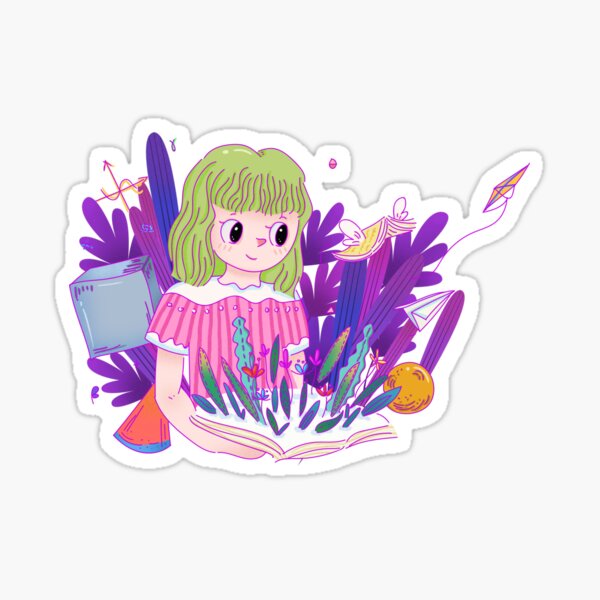 Girl and flowers growing from book Sticker
