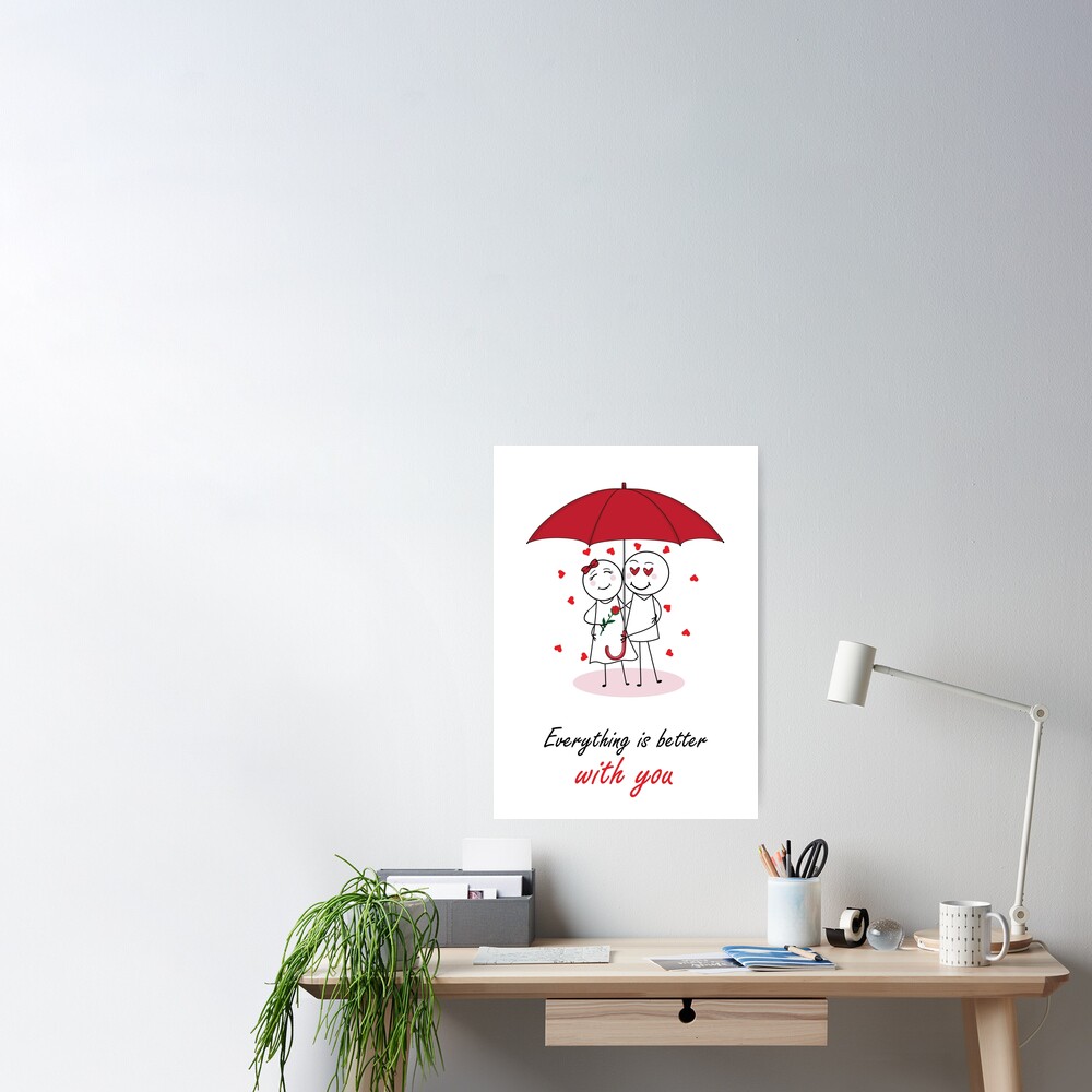 Valentines Day Romantic couple art design drawing under umbrella, boyfriend  and girlfriend, funny, heart, gift ideas for him, for her | Greeting Card