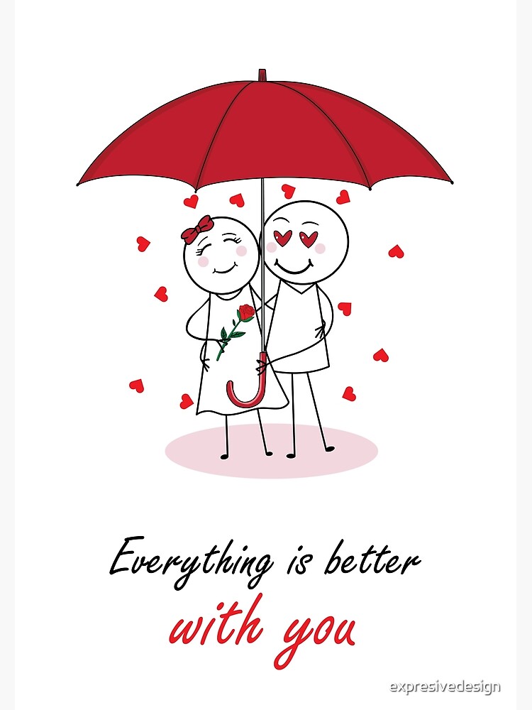 Valentines Day Romantic couple art design drawing under umbrella