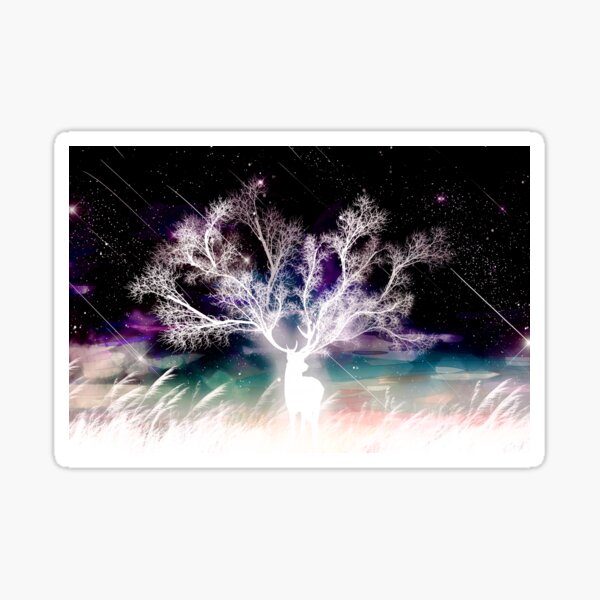 Magical White Stag in dreamscape enchanted forest with falling stars Sticker