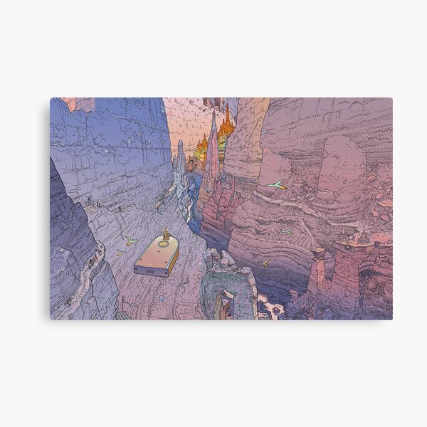 the world of edena,mountain, cliff, monumental,comic,moebius, psychadelic, landscape, ship, seagull Canvas Print