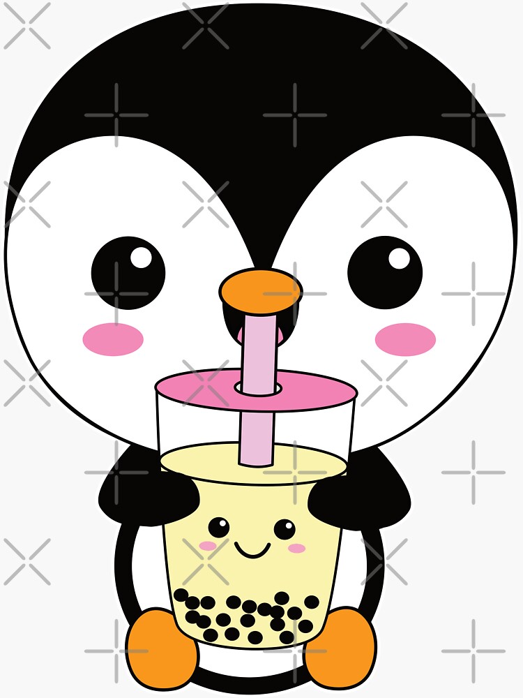 "Cute Kawaii Anime Penguin Drinking Bubble Boba Tea" Sticker by
