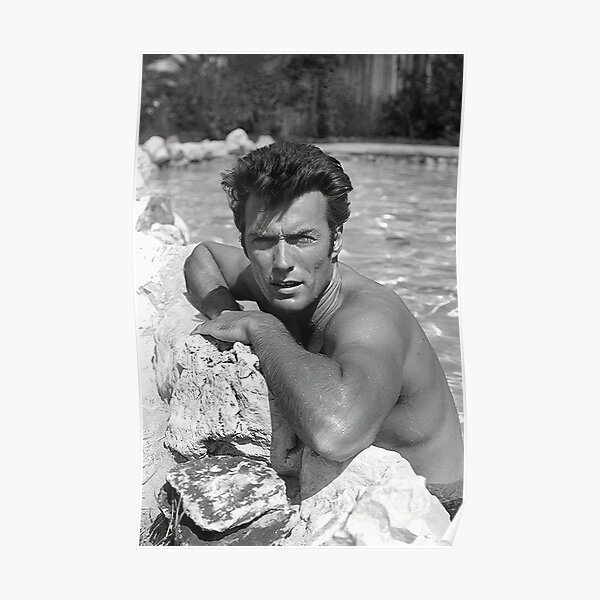 Clint Eastwood à la piscine, art vintage noir et blanc Poster