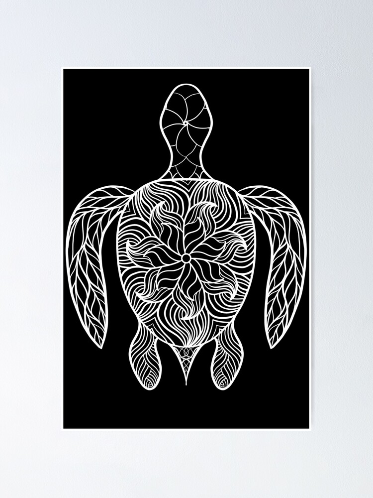 "Sea Turtle Flower White on Black" Poster for Sale by DJSongbird