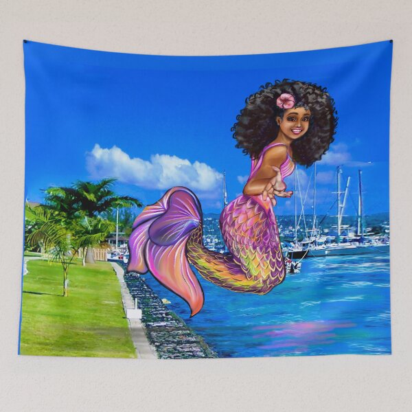 Item preview, Mermaid with big afro hair, diving into the ocean. Black Mermaid. The best Gifts for black women 2022 designed and sold by Artonmytee.