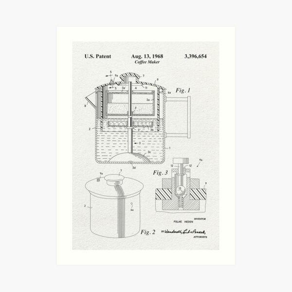 "1968 Old Vintage Coffee Maker Patent Drawing" Art Print for Sale by