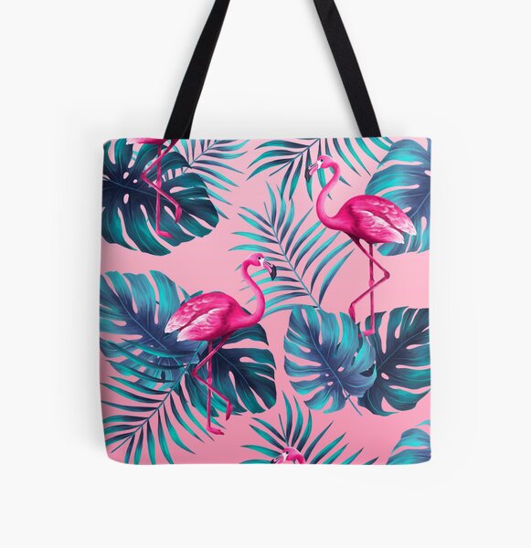 Pink Flamingo Bird Rope Handles Animal Zipped LilyRosa Large Canvas Beach Bag 