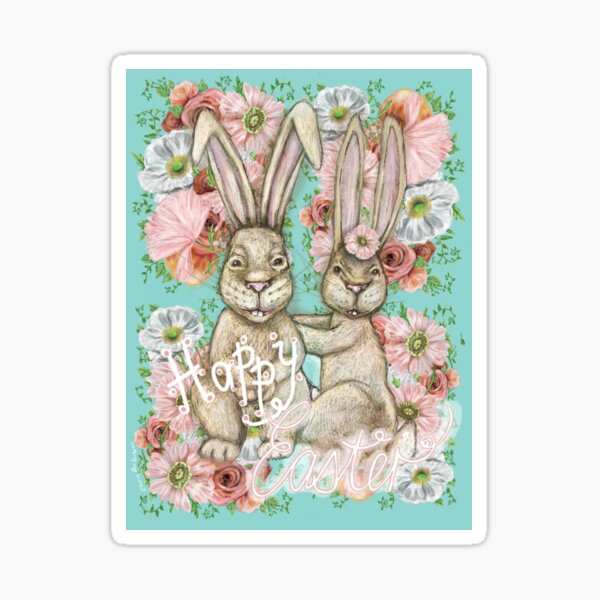 Happy Easter Floral Bunny Couple Sticker