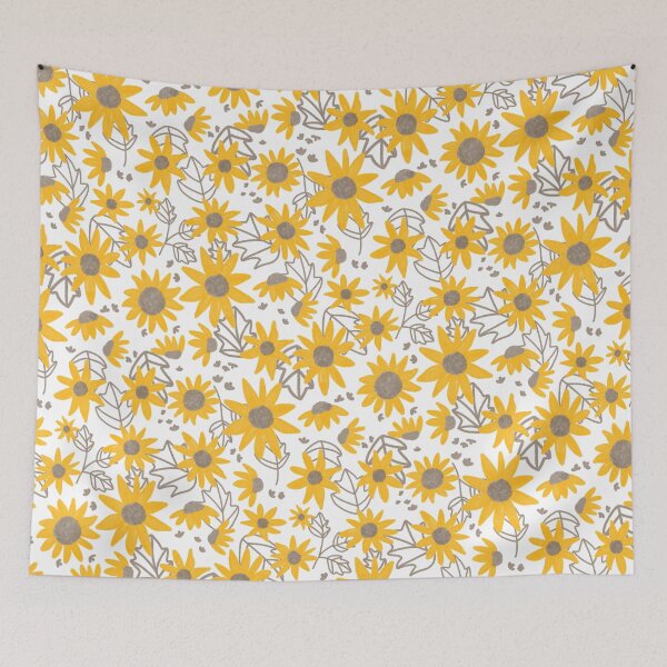 Item preview, Yellow Boho Sunflowers Pattern With Grey Leaves on White designed and sold by Natasa Borenovic.