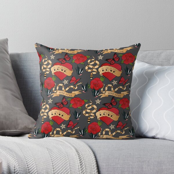 True Love Tattoo Hearts Roses and Snakes Throw Pillow