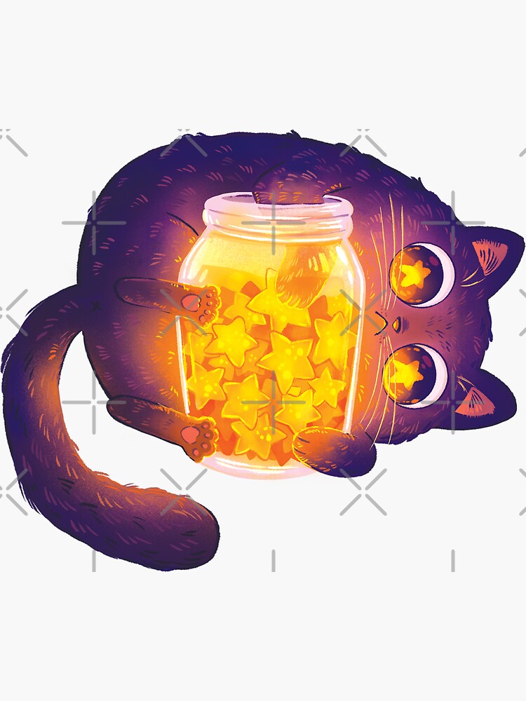 Thumbnail 3 of 3, Sticker, Cute Black Cat with his Star Jar designed and sold by michelledraws.
