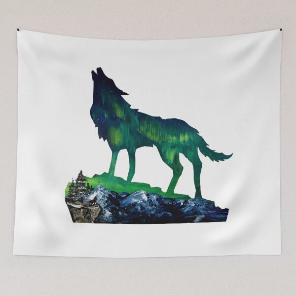 Item preview, rustic snow mountain landscape wildlife wolf silhouette northern lights aurora designed and sold by LEILA ART SPACE.