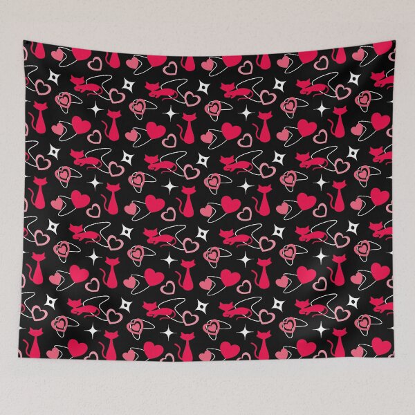Item preview, Atomic Retro Valentine’s Day Cats Hearts Repeating Pattern Black Background designed and sold by ksrogersdesigns.