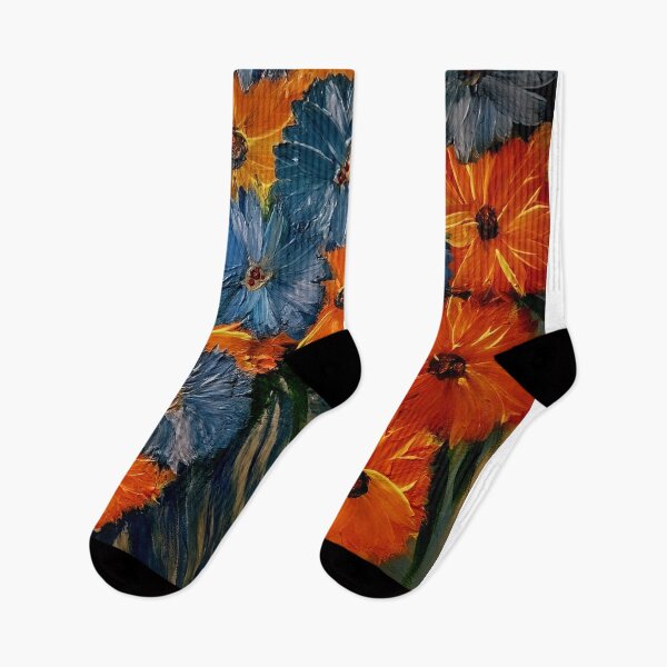 Item preview, blue and orange abtsract flowers.  designed and sold by kkartwork.