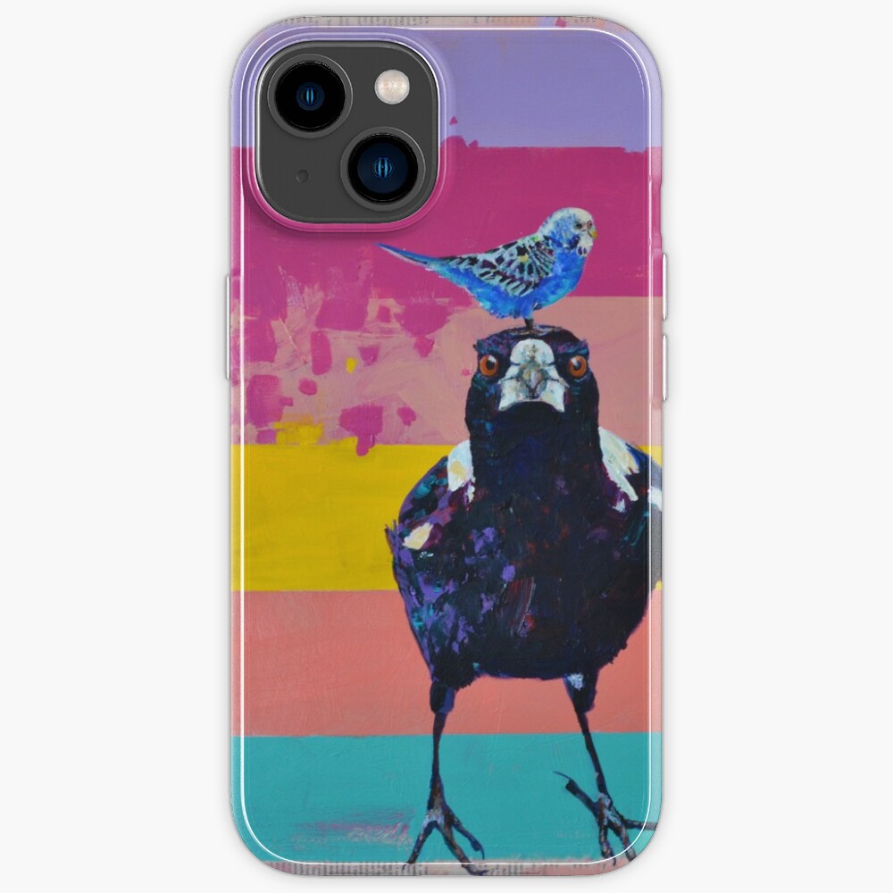 cuadro de Urraca australiana y Periquito azul, impresión artística. Funda de iPhone