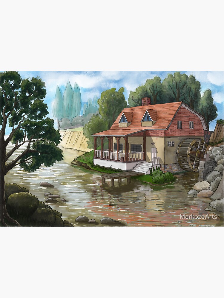 Thumbnail 4 of 4, Sticker, Old water mill by the river designed and sold by MarkozeArts.