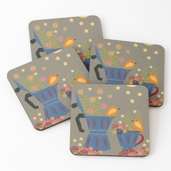 Item preview, cute birds and a moka coffee machine designed and sold by FerramentArt.
