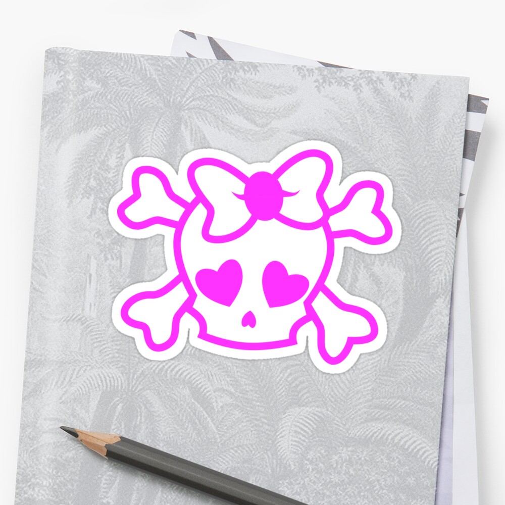  Pink  girly emo  skull with bow teenage girl on black 