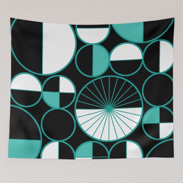 Item preview, Mid Century Modern Circles Halves Black Turquoise designed and sold by thepixelgarden.