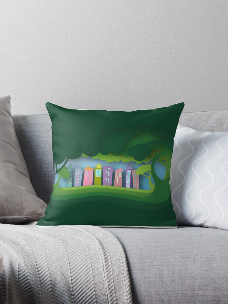 Thumbnail 1 of 3, Throw Pillow, Forest and City designed and sold by HaPi88.