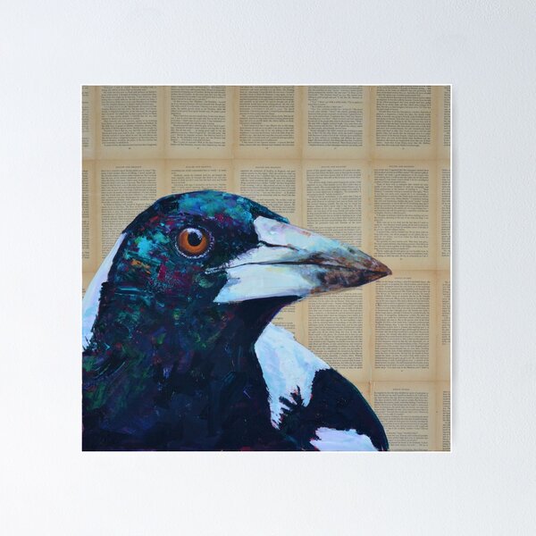Item preview, 'Bird from the Bush.' Painting of Magpie on collage of vintage book pages. designed and sold by Cat Leonard.