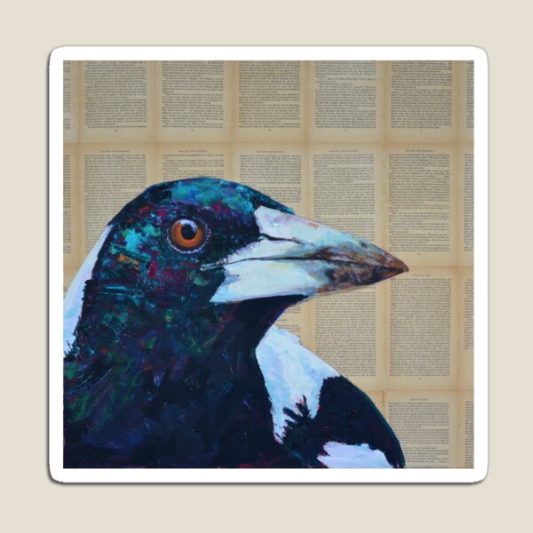 'Bird from the Bush.' Painting of Magpie on collage of vintage book pages. Magnet