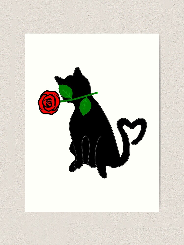 Cute Black Cat Red Rose Love Valentine Gift Art Print By Japaneseinkart Redbubble
