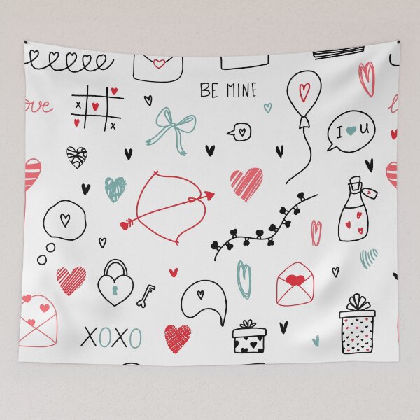 Item preview, Colorful seamless pattern with love hand drawn doodles for St.Valentine s day with hearts, bow, arrows, poison, lettering, calendar, garland, lanterns, letter, gift, balloon designed and sold by Viktoriia Chorna.