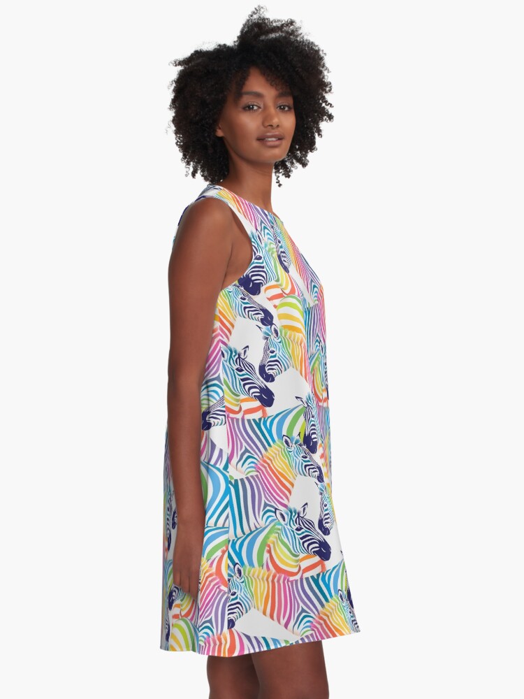 Thumbnail 2 of 4, A-Line Dress, Rainbow Pride Zebras designed and sold by DelightfullyDo.