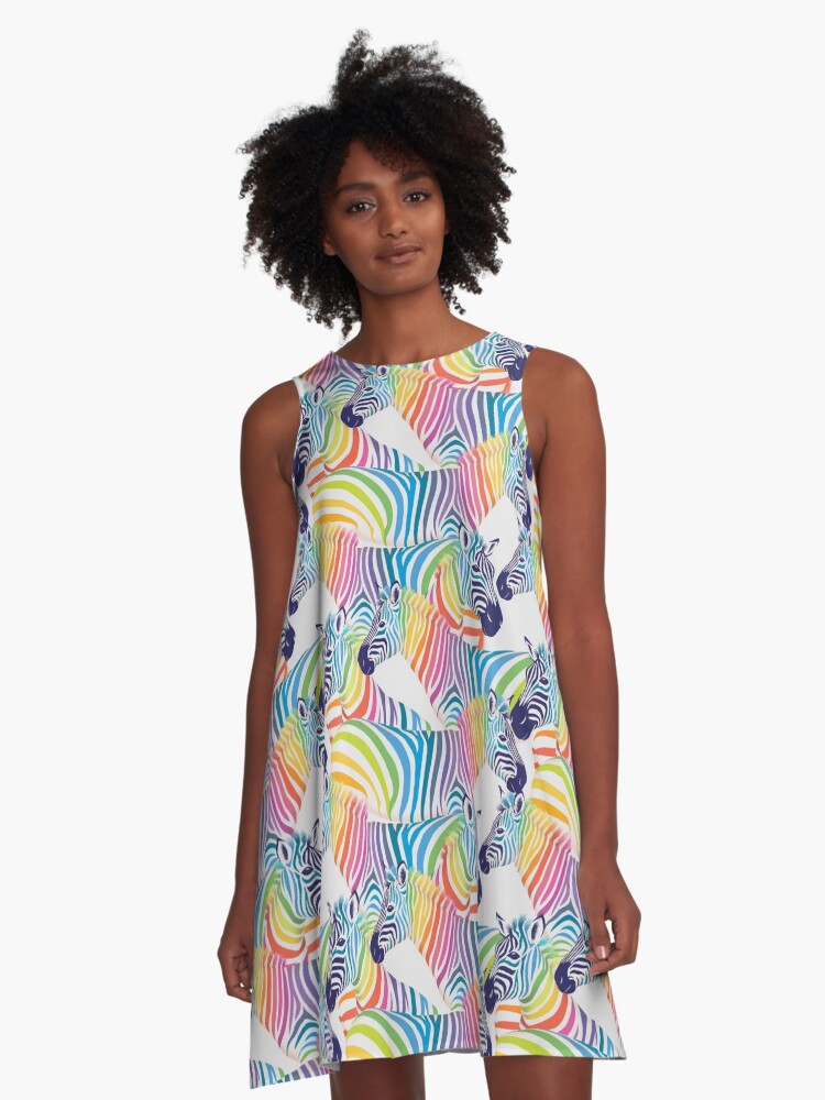 Thumbnail 1 of 4, A-Line Dress, Rainbow Pride Zebras designed and sold by DelightfullyDo.
