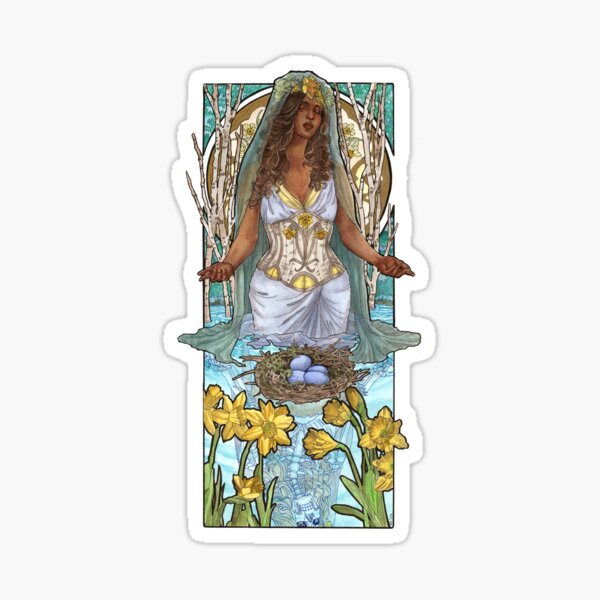 Lady of March with Daffodils and Birch Trees Easter Resurrection Maiden Mucha Inspired Birthstone Series Sticker