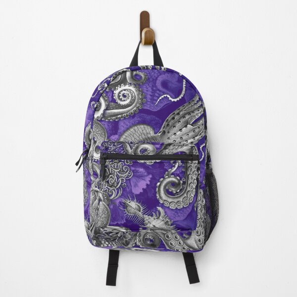 Vista previa del artículo con la obra «Arte de pulpo, calamar, kraken, tentáculos, conchas marinas, criaturas del océano de las profundidades marinas, amantes (morado)», diseñado y vendido por Mechanical Whispers.
