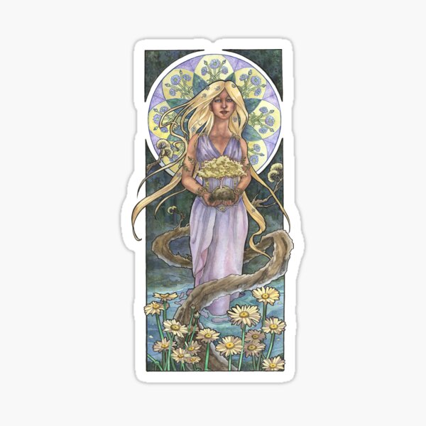 Lady of April with Bonsai and Daisies Mucha Inspired Birthstone Series Sticker