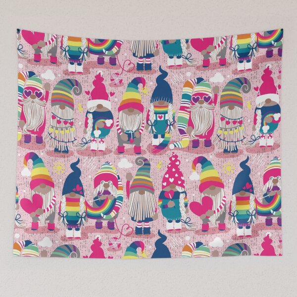 Item preview, I gnome you // pastel pink background little happy and lovely gnomes with rainbows fuchsia pink hearts designed and sold by SelmaCardoso.