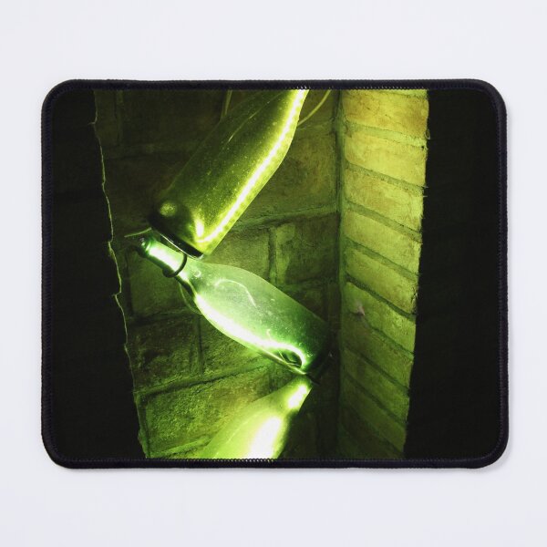 Item preview, Green light in wine bottles in sparkling wine cellar designed and sold by wineandwords.