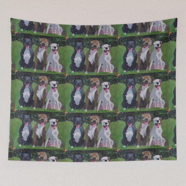 Item preview, Staffie sisters sitting in a row designed and sold by Rebekah Gavra.