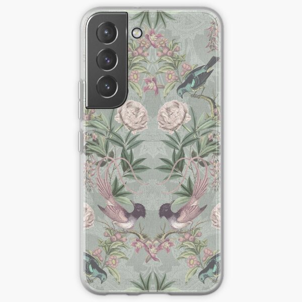 Grey blue vintage paradise birds, feathers and florals Samsung Galaxy Soft Case