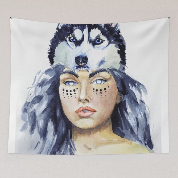 Item preview, Wolf Shaman Woman Watercolor Painting Print designed and sold by NatalyMak.