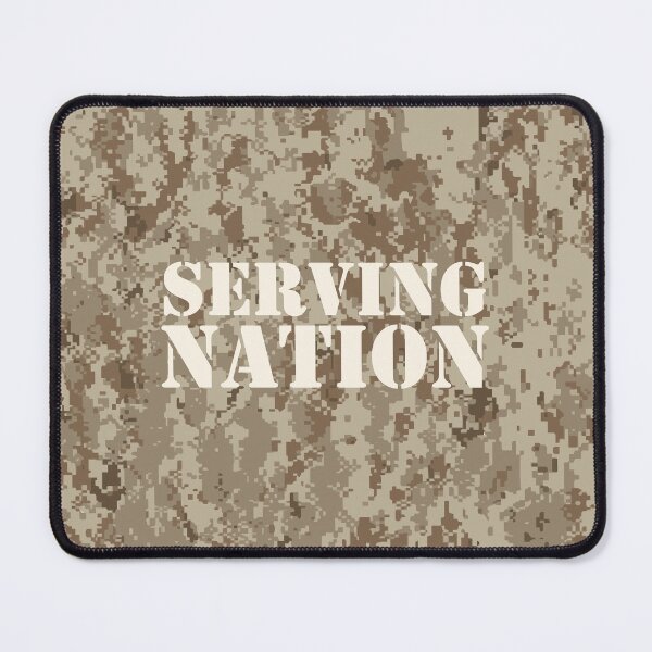 Item preview, NWU type II AOR-1, desert digital camouflage pattern swatch. US. Marines, US. Navy text: SERVING NATION typographic designed and sold by NineJuly.