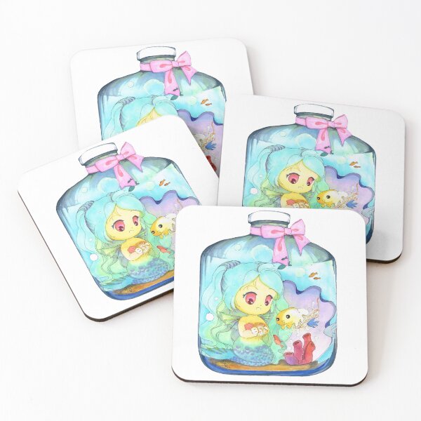 Item preview, Kawaii Anime art with chibi mermaid and treasures in a glass jar designed and sold by Sophiberry X.